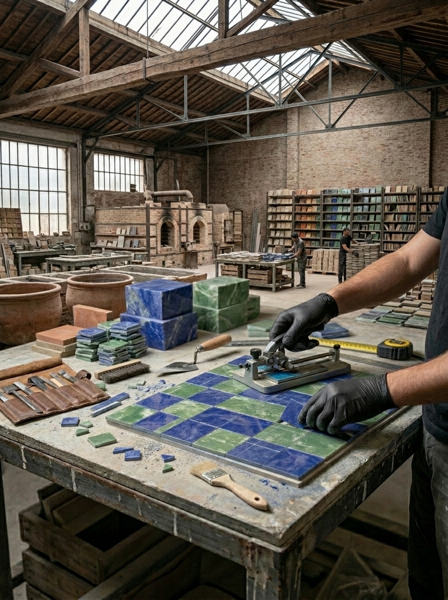 Zellige pieces cut and assembled in the workshop